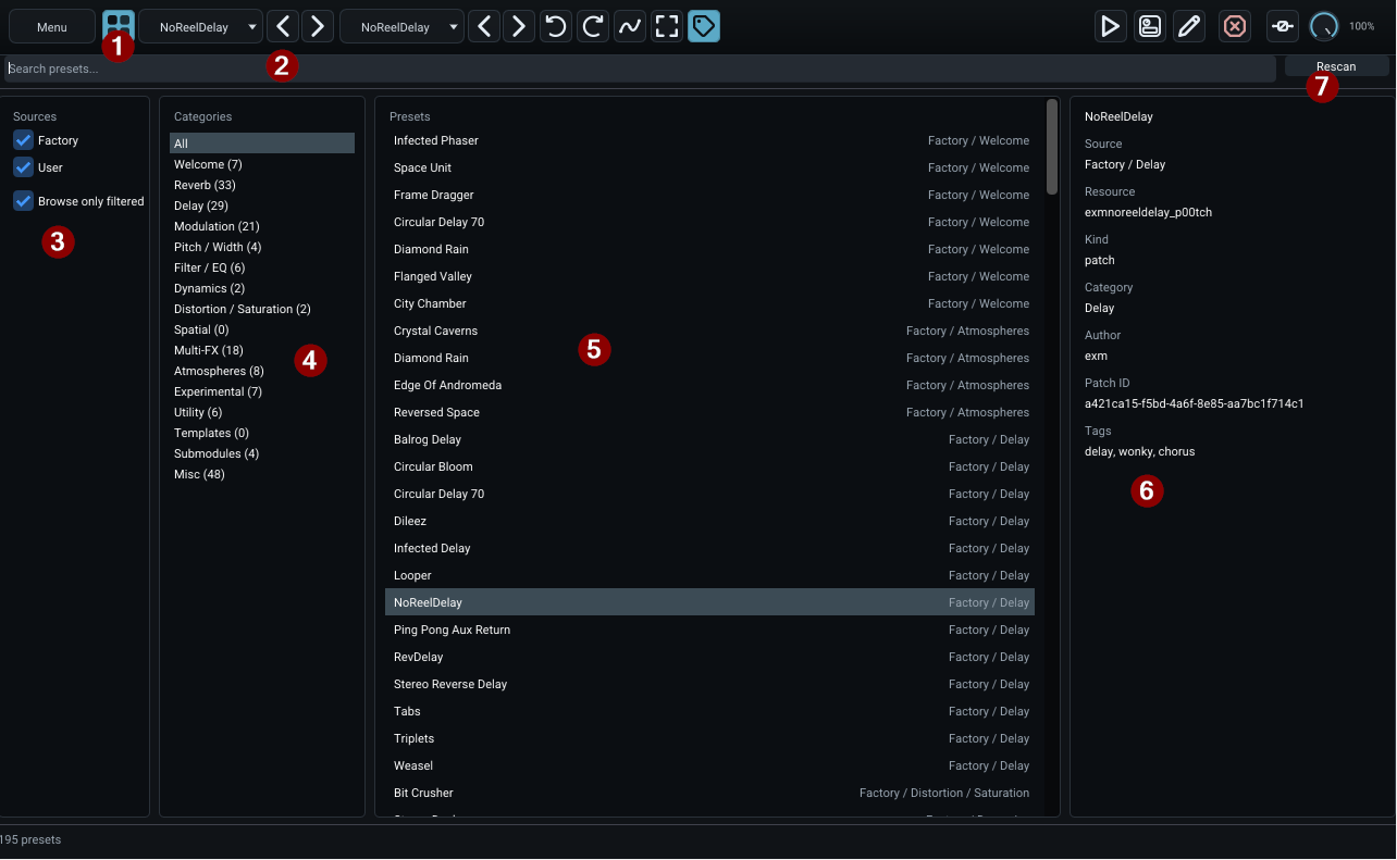 Annotated Deepfield Patch Browser showing search, source filters, categories, preset list, metadata and rescan controls