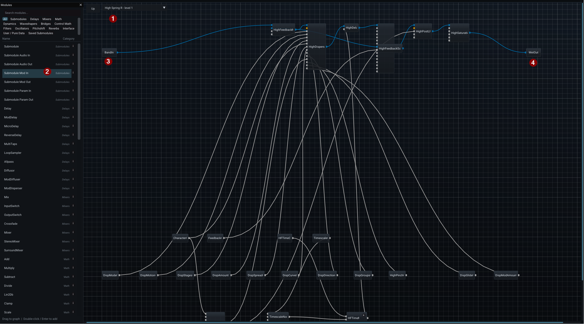 Inside a submodule graph, showing Up navigation, submodule boundary modules and the internal processing graph
